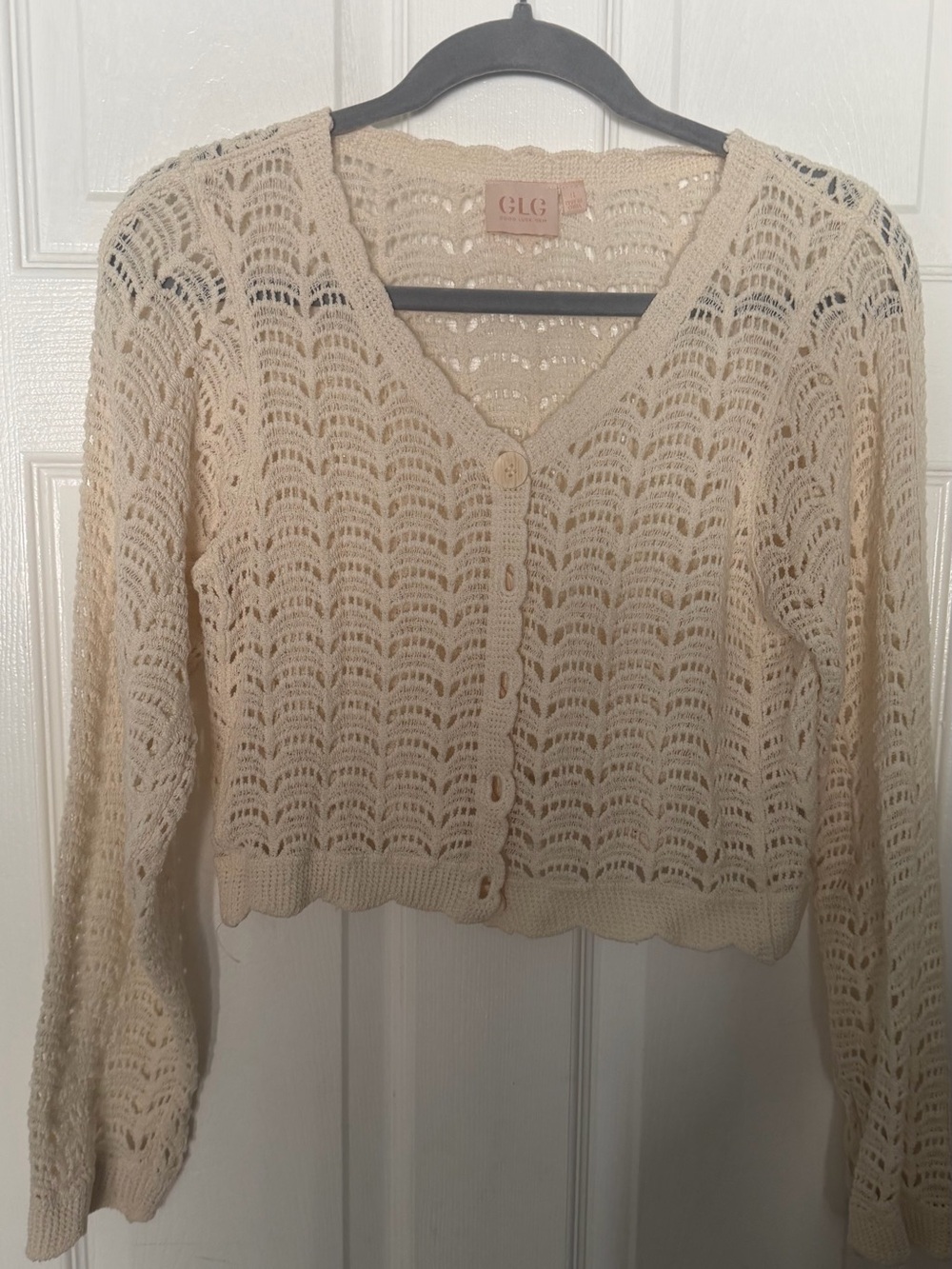 LG Beige Open-Knit Button Front Cardigan